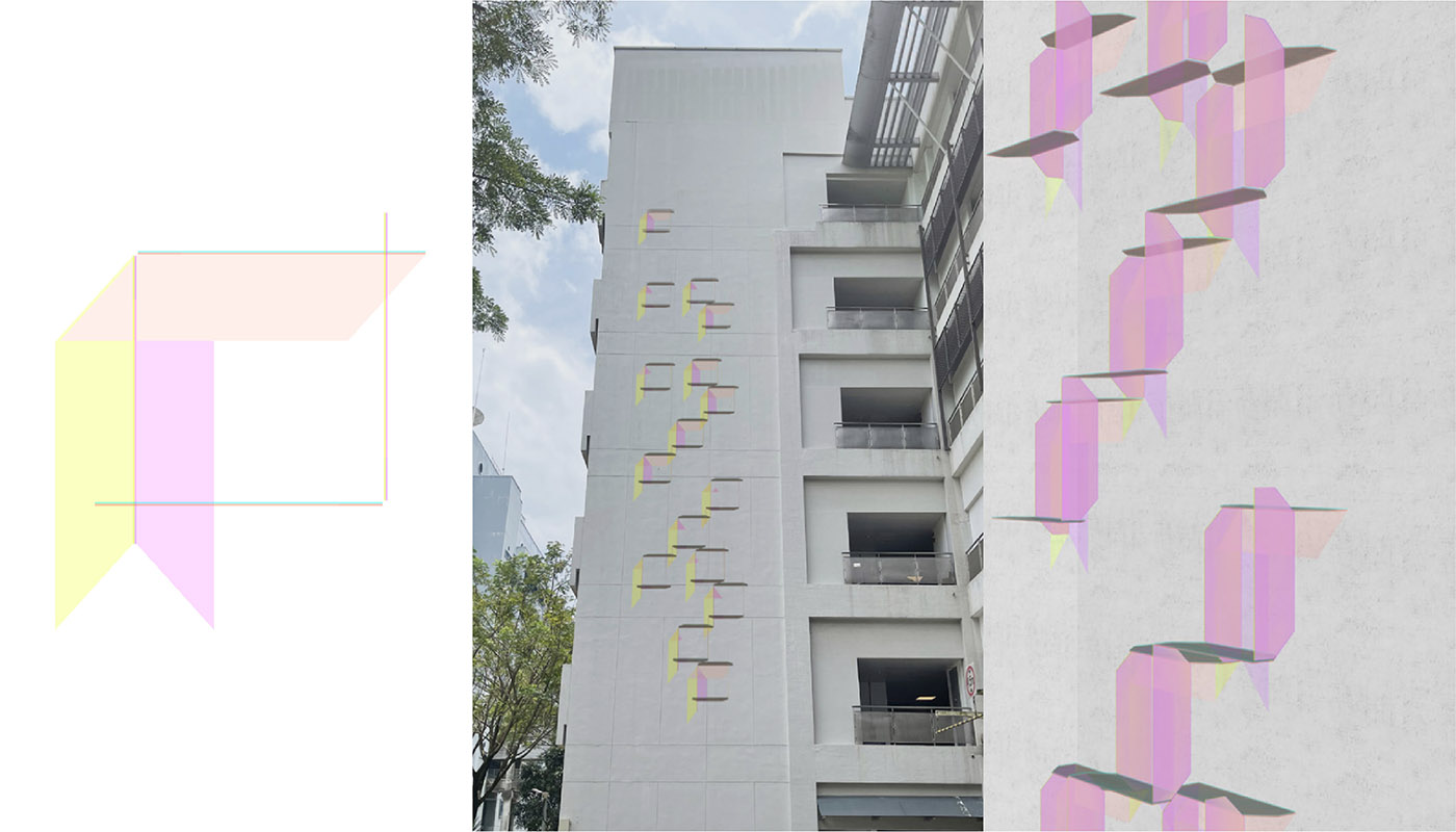 Three views of cube-shaped glass structures proposed by artist Grace Tan for installation on an external wall, that make yellow, pink  and peach shadows.