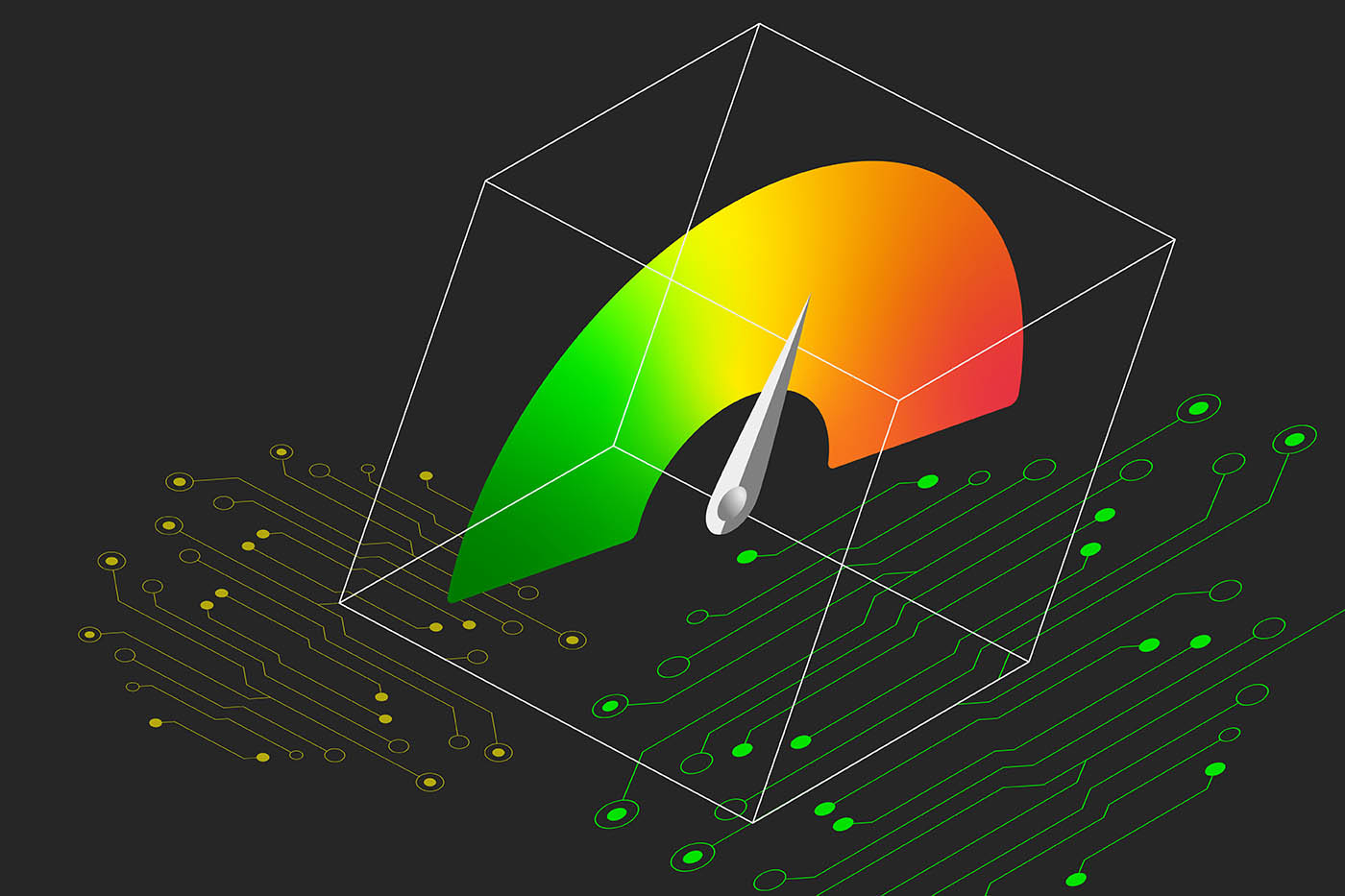 Graphic of dial shaded from red through yellow to green on background of circuits