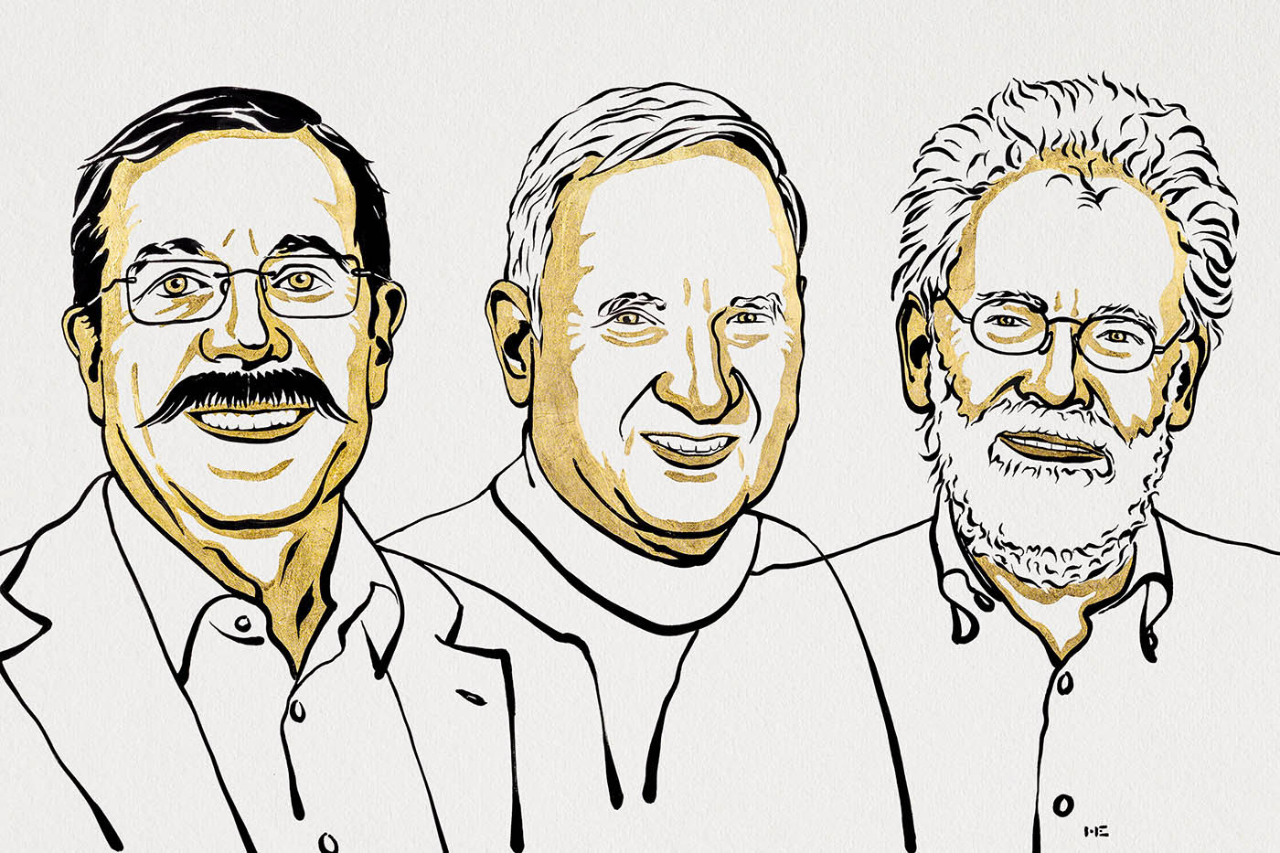 Line-drawing illustration of the Nobel Prize in Physics 2022 laureates, from left to right, Alain Aspect, John F. Clauser and Anton Zeilinger. The illustration shows their head and shoulders using black outlines and yellow shading.