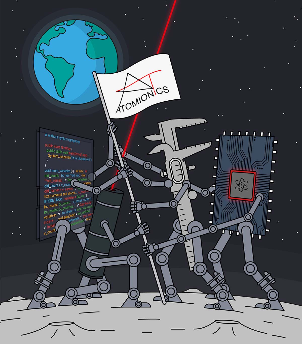 A cartoon showing robots planting a flag bearing the Atomionics logo on the moon. Earth rises in the background.