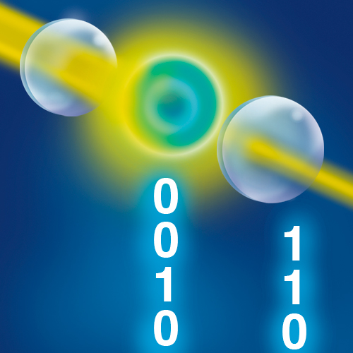 Graphic of Bell test on atom and laser beam in an optical cavity