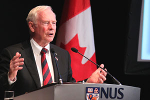 Photograph of H.E. Johnston, Governor General of Canada, delivering a speech at the National University of Singapore in 2011.