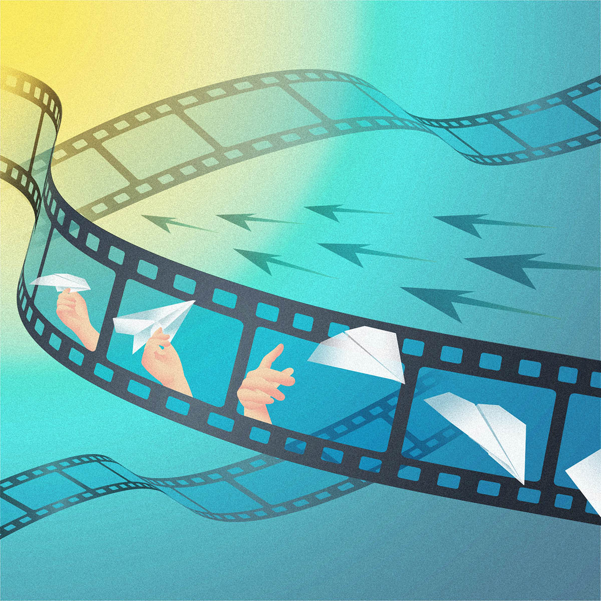 Artist's illustration of a film reel showing a paper plane being thrown, with arrows to suggest reverse play.