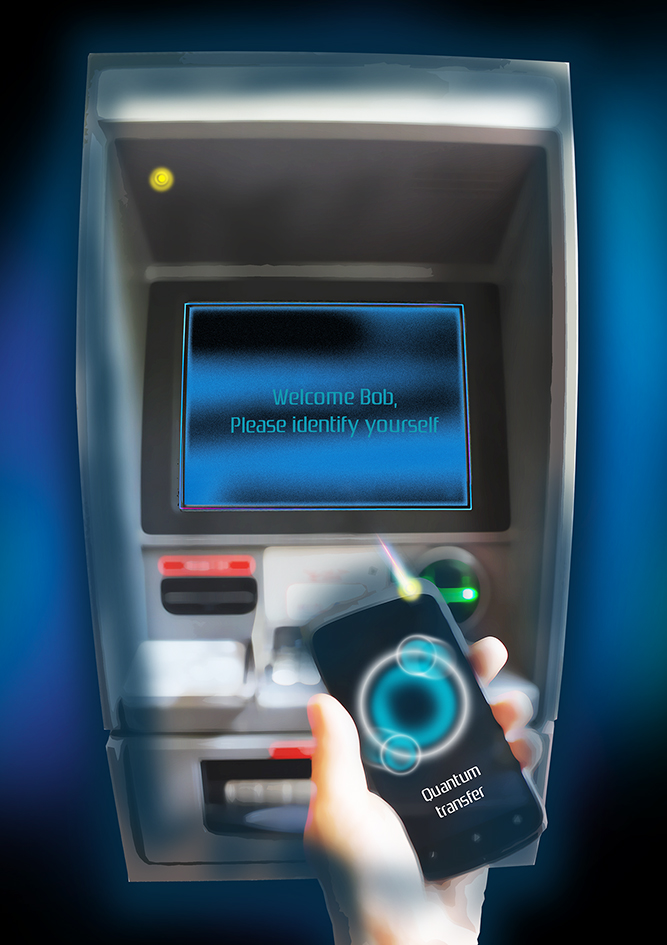 Artist's impression of quantum-secured identification at an ATM