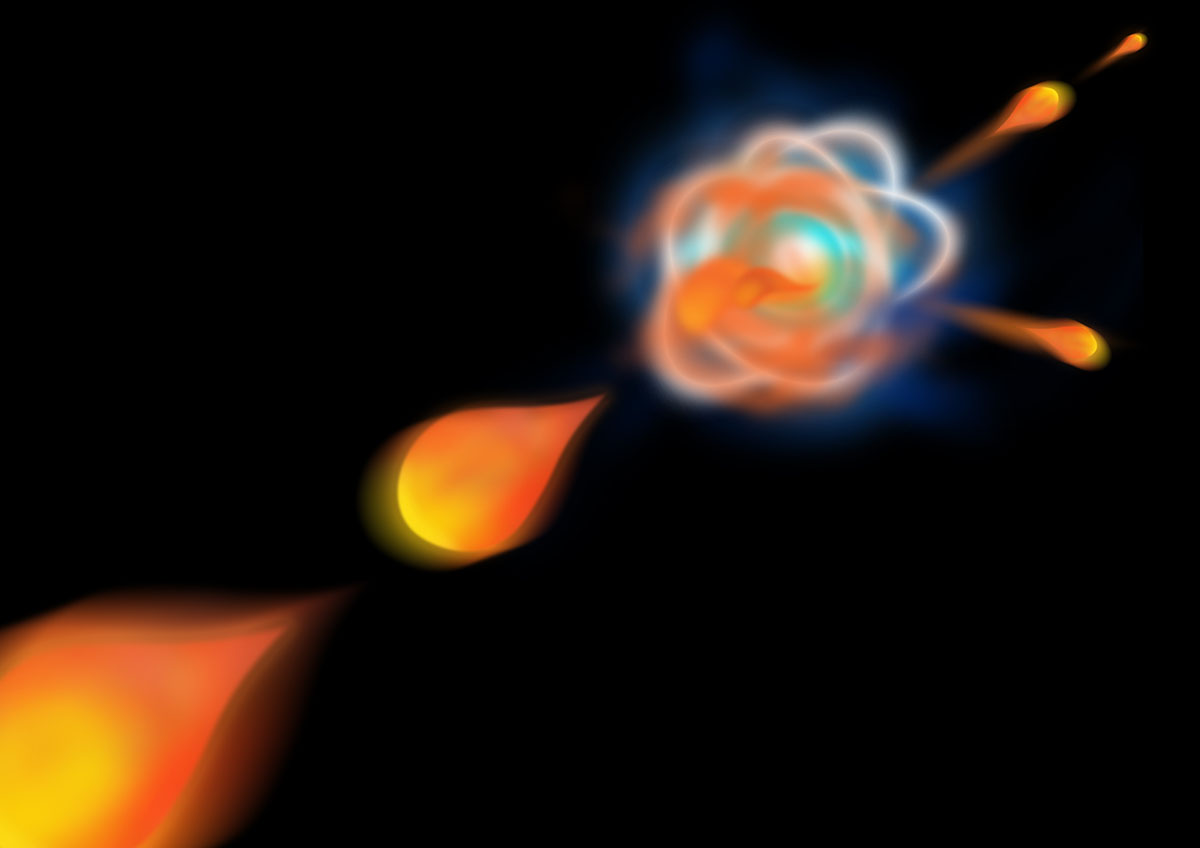 Artist's illustration of photons interacting with an atom