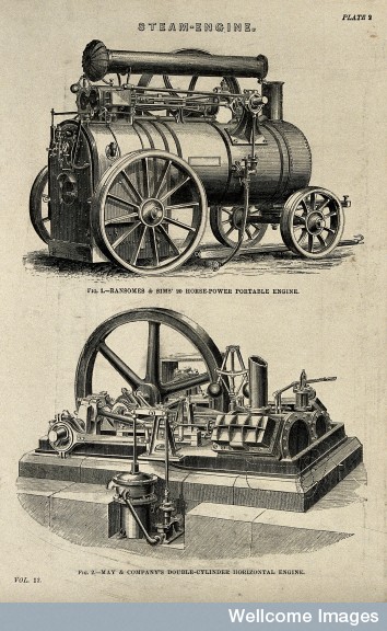 Engraving of a steam engine from the Wellcome images library